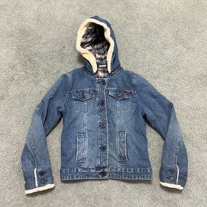 Vintage y2k ROXY faux fur trim flannel lined hooded denim jean jacket